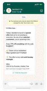 Un mensaje de marketing de Golden Tree incluye una oferta promocional de 17% de descuento en todo usando el código FLASH17, válido hasta el domingo a la medianoche, junto con un enlace para consultar los productos más vendidos.