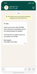 Ejemplo de mensaje de Golden Tree sobre un pedido recibido