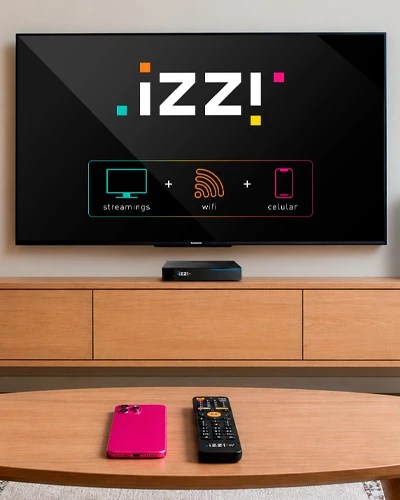 A TV displaying the izzi logo.