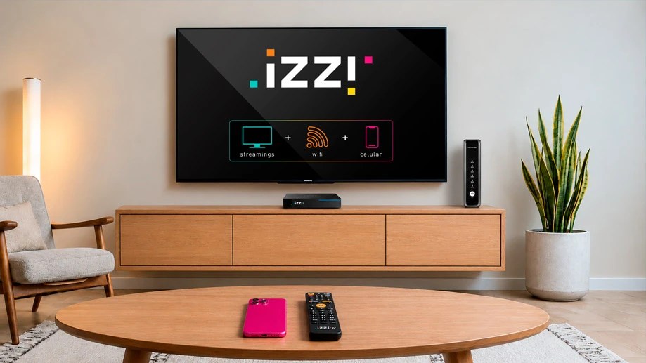 A television displaying the izzi logo.